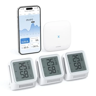 Immagine di X sense termometro digitale igrometro interno, mini Wi Fi con app Sense, gamma di comfort personalizzata, indicatore Smiley, compatibile Alexa, 3 sensori e 1 stazione base SBS50