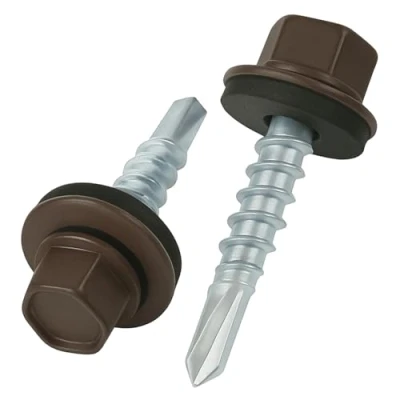 Immagine di 4.8 mm x 35 viti per tetti, testa esagonale autoperforanti colorate (RAL 8019 Marrone grigiastro) tetti con rondella di tenuta in EPDM, temprate zincate antiruggine (50 pezzi)