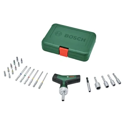 Immagine di Bosch cacciavite a cricchetto per bit con impugnatura T Set di 22 pezzi (coppia max 46 Nm, ingranaggio 36 denti, portapunte magnetico, manico ergonomico, 16 punte in acciaio S2, 4 avvitadadi)