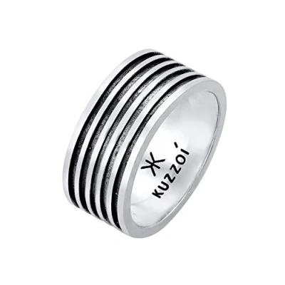 Immagine di Kuzzoi anello da uomo ossidato, a fascia massiccio (10 mm) in argento sterling 925, accessorio vintage con struttura scanalata