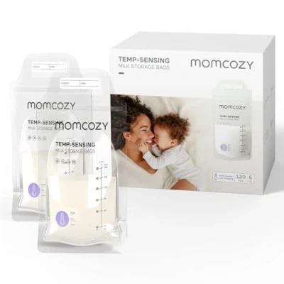 Immagine di 120 sacchetti momcozy per conservare il latte materno, con rilevamento della temperatura, l&#039;allattamento al seno, usa e getta capacità di 180 ml, autoportanti