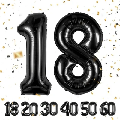 Immagine di Palloncini Compleanno 18 anni Noir 101 CM Palloncino Numero Gonfiabile in Foil Decorazioni di un uomo donna Vola con l&#039;Elio
