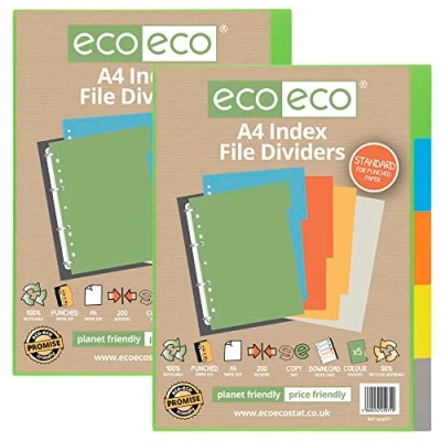 Immagine di eco Set di 5 divisori per file con indice testo, formato A4, 50% riciclati, rinforzati, 200 g/m², confezione da 2