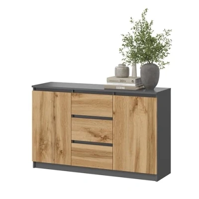 Immagine di KUBUTKU Cassettiera moderna credenza multiuso per camera da letto, corridoio, soggiorno, ufficio, grafite/rovere Wotan, 120 x 97 40 cm, 2 ante 3 cassetti)