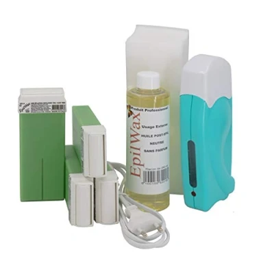 Immagine di Epilwax Kit Ceretta Completo per Depilazione con cera Include 4 Cartucce Roll on in aloe vera, Scaldacartucce, 100 strisce e olio cerante