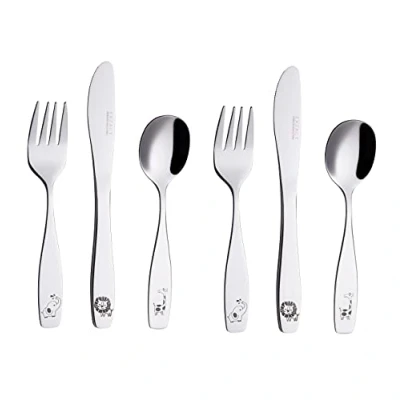 Immagine di Exzact Posate per bambini in acciaio INOX 18/10 6 pezzi: 2 forchette, coltelli da cena, cucchiai tavola e safari, motivo: giraffa elefante leone