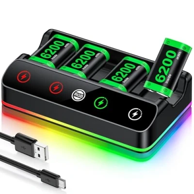 Immagine di HELLCOOL 4 batterie da 6200 mWh per controller Xbox One/Series X&amp;S XS, stazione di ricarica con luce RGB/indicatori LED, batteria compatibile Series X/S,
