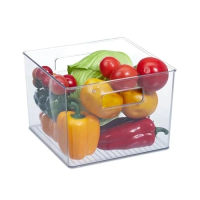 Immagine di Relaxdays Organizer da Frigorifero, Contenitore Cucina, Box per Alimenti, HLP: 15,5x21x21 cm, con Manici, Trasparente