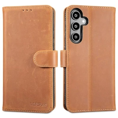 Immagine di Lensun Custodia per Samsung Galaxy A55, Cover in Vera Pelle [RFID Blocking] Libro con Portafoglio Chiusura Magnetico Flip Custodie Cuoio Telefono A55 5G Marrone retrò