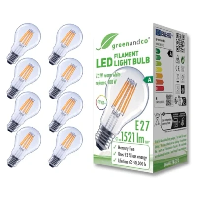 Immagine di greenandco 8 lampadine A filamento LED trasparente E27 A60 7,2 W 1521 lm sostituisce 100 3000 K bianco caldo 320 230 V senza sfarfallio Classe energetica non dimmerabile