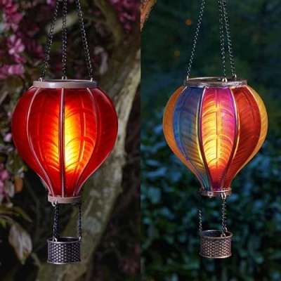 Immagine di Festive Lights Lanterne a forma di mongolfiera, 45 cm, energia solare, colore rosso e arcobaleno, fiamma realistica, da appendere all&#039;esterno, con LED SMD, multicolore,