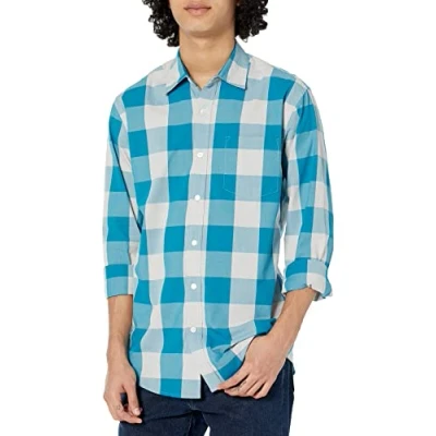 Immagine di Amazon Essentials Camicia Casual in Popeline a Maniche Lunghe vestibilità Regular Uomo, Blu Bianco Buffalo Plaid, XS