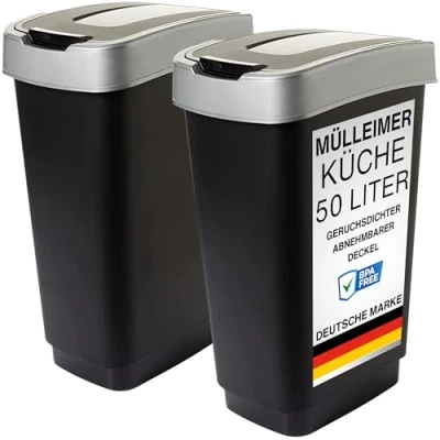 Immagine di 2friends Duo, pattumiera da cucina, 2 scomparti, 50 l, inodore, doppia con coperchio basculante, x litri, grande, 60 45 34 cm, robusta plastica riciclabile, nero/argento, made in