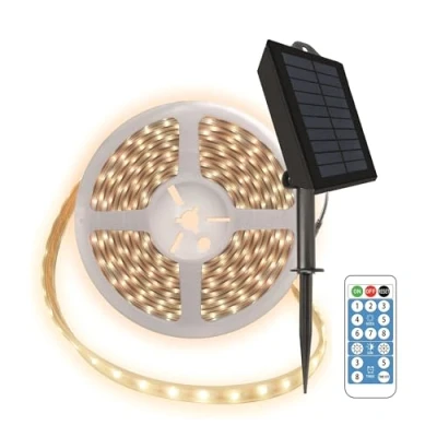 Immagine di Suprema, Kit Striscia LED Solare da Esterno 5m, Luce Calda, Sensore Crepuscolare, Doppia Ricarica USB C/Solare, 8 Effetti, Biadesivo e Telecomando Inclusi