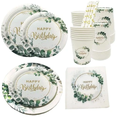 Immagine di 24 ospiti stoviglie per feste di compleanno, verde salvia, piatti usa e getta, 120 pezzi, baby shower decorazione piatti, bicchieri tovaglioli compleanno (24 ospiti)