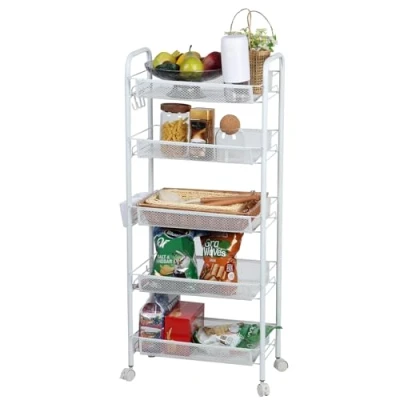 Immagine di Scaffale portaoggetti per frutta e verdura, 5 ripiani, impilabile, in rete metallica, con ruote, cestino la spesa, organizer cucina, dispensa, bianco, strati