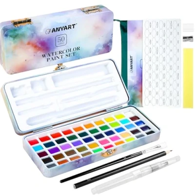 Immagine di Anyart Set Acquerello 50 Colori in Scatola Portatile Include 4 Fluorescenti, da Viaggio, Con Pennello e Carta per Artisti Amanti della Pittura