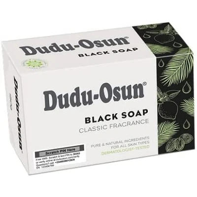 Immagine di Dudu Osun 1x150g BIOLOGICO, sigillato igienicamente e confezionato singolarmente Sapone Nero CLASSIC Africano da campeggio, doccia, barba viso con karitè aloe vera [150g]
