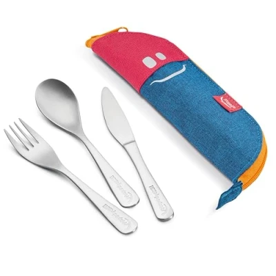 Immagine di Maped Picnik Concept Kids Astuccio con posate in acciaio inossidabile, forchetta, coltello e cucchiaio, adatti ai bambini, custodia tessuto, colore: Rosa