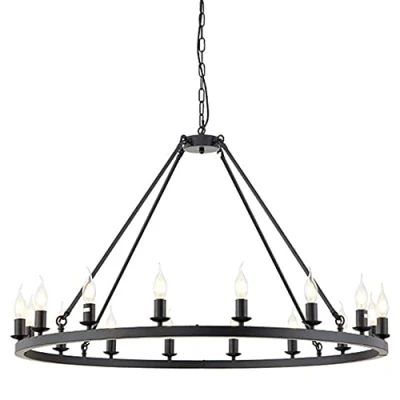 Immagine di FAZRPIP Grande lampadario a Ruota da Fattoria Lampada Sospensione Rotonda Nera per Isola Cucina, Vintage di carro Soggiorno Sala Pranzo Cucina Scala
