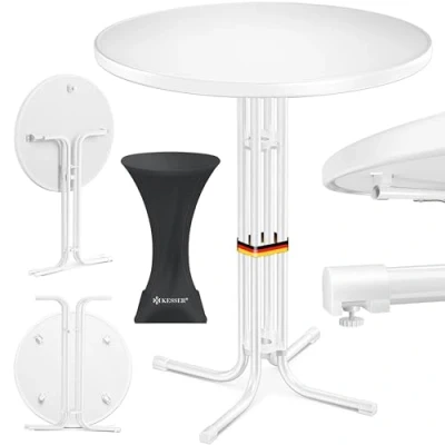 Immagine di KESSER® Tavolo da bar pieghevole Gastro Piano in acciaio inox verniciato a polvere Piedini regolabili altezza festa Ø 80 cm Interno ed esterno con copertura bianca
