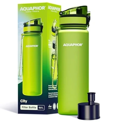 Immagine di AQUAPHOR City Bottle 500ml verde I Borraccia con Filtro da passeggio a carbone attivo Filtra cloro e impurità In tritan senza BPA Per gusto odore dell’acqua più buoni
