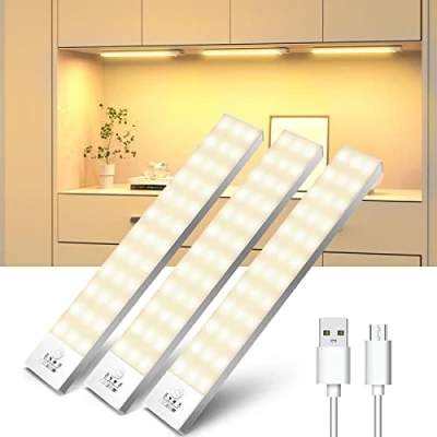 Immagine di OUILA Led Armadio Luce con Sensore di Movimento 3000K Calda 4 Modalità Sottopensile Notturna USB Ricaricabile Striscia per Ingresso, Scale, 23cm*3 Pezzi