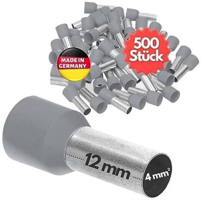 Immagine di Kalitec AE412GR 500 terminali isolati, 4,0 mm², lunghezza 12 mm, colore grigio, Made in Germany, qualità industriale