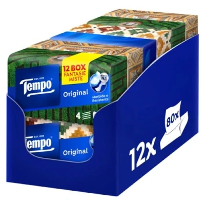 Immagine di Tempo Fazzoletti Box Original 4 Veli 12 Confezioni da 80 in Grafiche Assortite, 960