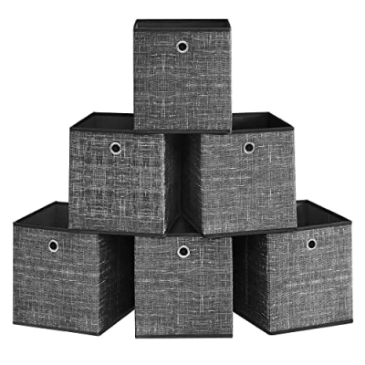 Immagine di SONGMICS Scatole Portaoggetti, Set di 6 Contenitori in Tessuto Non con Manico, 30 x cm, Unità Organizzazione, per Scaffale, Pieghevoli, Porta Abiti, Nero Melange RFB006B01