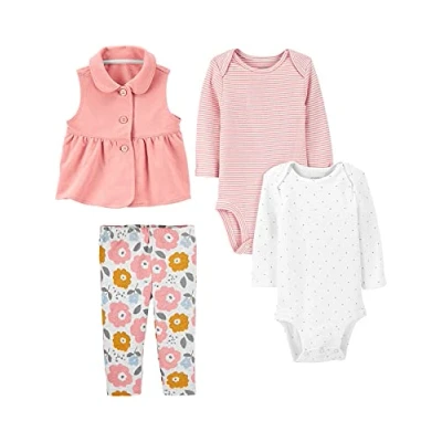 Immagine di Simple Joys by Carter&#039;s 4 Piece Bodysuit And Vest Set Gilet alla Moda, Bianco Pois/Rosa/Floreale/Righe, 18 Mesi (Pacco da 4) Bimba