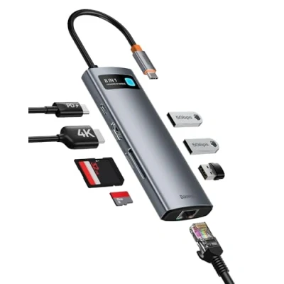Immagine di Baseus Hub USB C 8 in 1 Adattatore con 4K HDMI, Gigabit Ethernet, 100W PD, 3 A 3.0, Lettore Schede SD/TF, Docking Station per Laptop MacBook Pro/Air, Surface Pro, iPad Dell, Steam Deck usw
