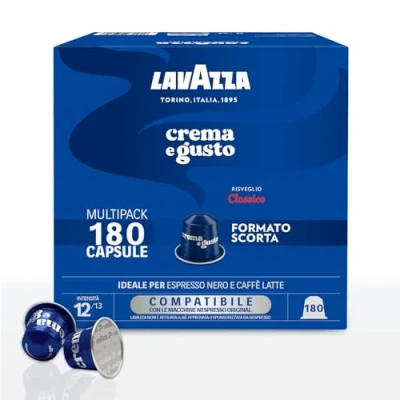 Immagine di Lavazza, Crema e Gusto Classico, 180 Capsule in Alluminio Compatibili con Macchine Nespresso* Original, Note di Spezie, Cioccolato Legno, Arabica&amp;Robusta, Intensità 12/13, Tostatura Media