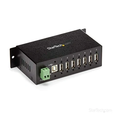 Immagine di StarTech.com Hub USB 2.0 A 7 porte, industriale in metallo con protezione ESD e dalle sovratensioni 350W, Montaggio su guida DIN/parete/scrivania, di espansione USB, TAA (ST7200USBM)