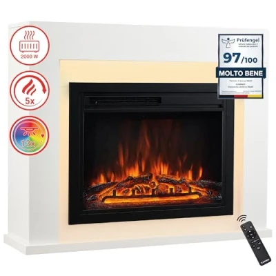 Immagine di KAMINIO Camino elettrico MATTI Caminetto da pavimento con riscaldamento, effetto fiamma 3D, Luce ambiente a LED, telecomando Bianco