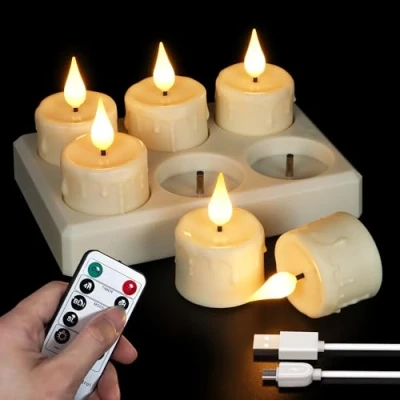 Immagine di FREEPOWER 6 candele lumini LED ricaricabili con stazione di ricarica e cavo USB, elettriche telecomando, timer, tremolante, dimmerabili, luce bianca calda, diametro 4 x 5.5cm