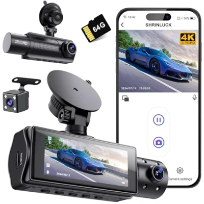 Immagine di SHRINLUCK X5 4K WiFi 3 Canali Dash Cam Auto, 2160P+1080P+1080P FHD Tripla Dashcam Auto,Telecamera Auto 360 su tutti i lati, Scheda SD 64G Gratuita, G Sensor,WDR,Visione Notturna,Monitor di Parcheggio