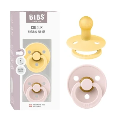 Immagine di BIBS Ciuccio colorato, confezione da 2 pezzi, senza BPA, tettarella rotonda, in lattice di gomma naturale, Made Danimarca, misura 1 (0 6 mesi), colore: burro/petalo
