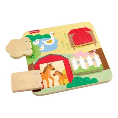 Immagine di Fisher Price Tavoletta in Legno Animali della Fattoria, Gioco attività con 4 porticine per Scoprire Un Animale Diverso e Il Suo Cucciolo, Giocattolo Bambini, 12+ Mesi, JCY33