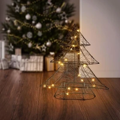Immagine di ECD Germany Mini Albero di Natale Luminoso a LED con 20 in Metallo Bianco Caldo 28x30 cm Nero Abete Decorativo Illuminazione Batteria e Timer per Interni Decorazione Natalizia