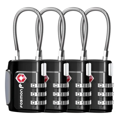 Immagine di Fosmon Serrature per Bagagli accettato TSA, (4 pacchi) Codici a 3 cifre con Lucchetto Combinato Corpo in Lega (Nero)