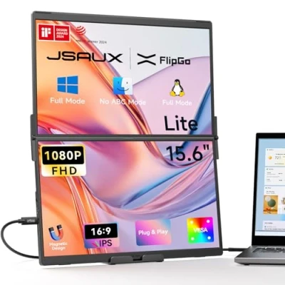 Immagine di JSAUX FlipGo Lite 15,6&quot; IPS Dual Monitor portatile, 1080P FHD, HUB integrato, design magnetico, cavo singolo per configurazione tripla monitor, ideale viaggi e affari