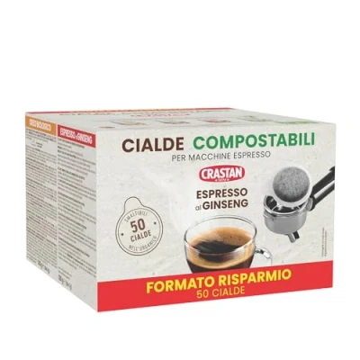 Immagine di Crastan, Astuccio da 50 Cialde ESE Compostabili Espresso al Ginseng, Compatibili con la Macchina Espresso, 100% Made in Italy