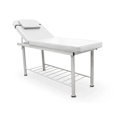 Immagine di QUIRUMED Lettino da massaggio fisso, 2 sezioni, con struttura in acciaio, colore bianco, similpelle, foro facciale, cuscino, portarotolo, vassoio inferiore, fino a 180 kg