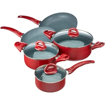 Immagine di Tognana Rock in Red, Batteria di pentole e padelle, Set con 2 3 casseruole, coperchi trasparenti, 8 Pezzi, Alluminio, Rosso