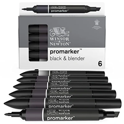 Immagine di Winsor &amp; Newton ProMarker 5 Pennarelli Neri + 1 Pennarello Blender