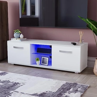 Immagine di Vida Designs Cosmo Mobile TV 2 Ante in Pannello di Fibra a Media Densità, Stile Moderno, Lucido, Colore: Bianco Chiaro, 120 cm LED Lights, H 38 x L P 40 Circa