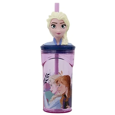 Immagine di Bicchiere Originale Disney Frozen 3D per bambini da 360 ml con cannuccia integrata e decorazioni a forma di testa