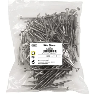 Immagine di Connex KL3265080 Viti universali, 5,0 x 80 mm, confezione grande da 1 kg, testa svasata, attacco TX parzialmente filettate in acciaio inox