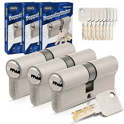 Immagine di GERCAR Pro Set di 3 cilindri con chiusura simultanea 45/45, profilati, 15 chiavi, serratura a cilindro da 90 mm, lunghezza A:45, larghezza: 45, in ottone massiccio opaco
